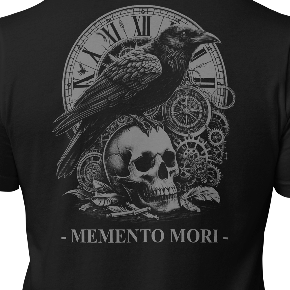 Close up of back centre view of Black short sleeve unisex fit original cotton T-Shirt by Achilles Tactical Clothing Brand printed with Memento Mori Design across back