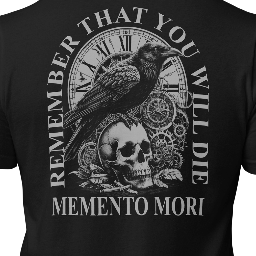 Close up of back centre view of Black short sleeve unisex fit original cotton T-Shirt by Achilles Tactical Clothing Brand printed with Memento Mori Design across back