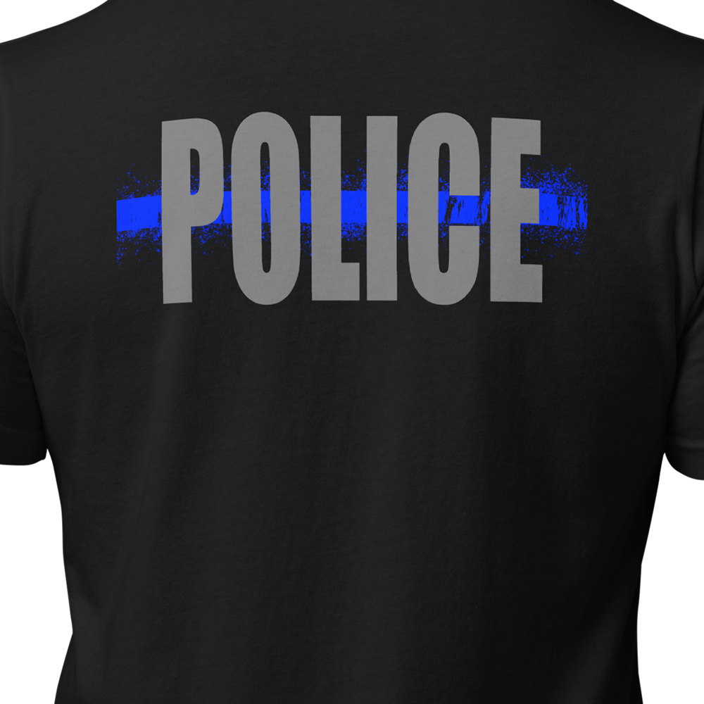 Close up back view of Black short sleeve unisex fit original cotton T-Shirt by Achilles Tactical Clothing Brand printed with Large Police Thin Blue Line logo across back