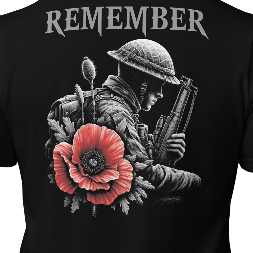 Close up of back view of Black short sleeve unisex fit original cotton T-Shirt by Achilles Tactical Clothing Brand printed with Remember Poppy Design across back