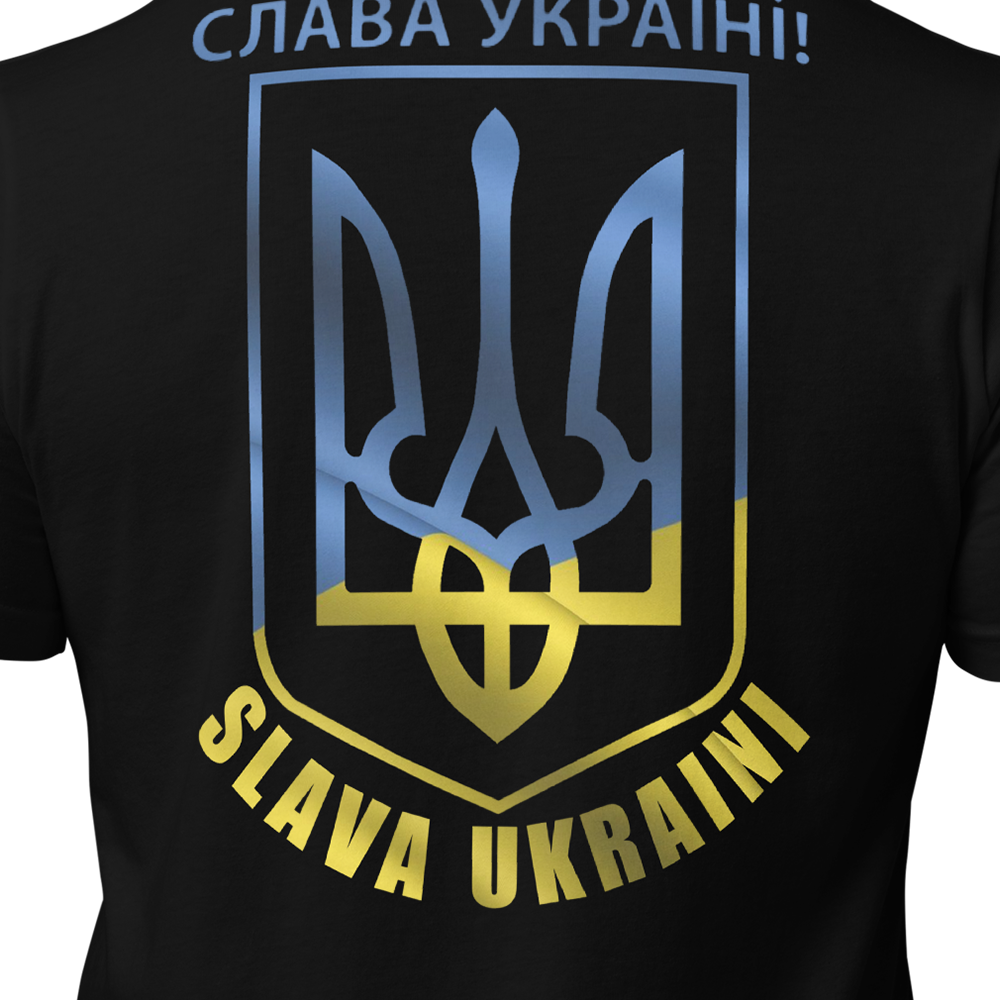 Close up of back of Black short sleeve unisex fit original cotton T-Shirt by Achilles Tactical Clothing Brand printed with Slava Ukraini in colour design across back