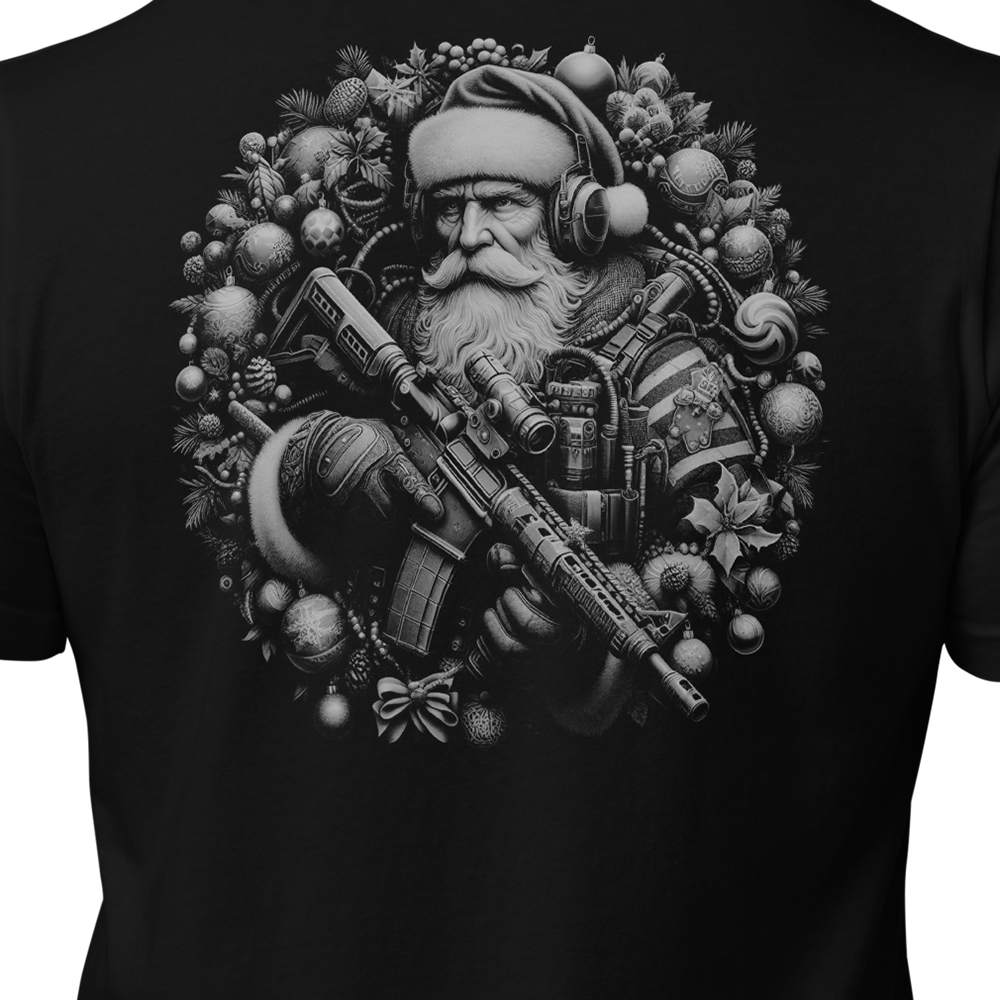 Close up of back view of Black short sleeve unisex fit original cotton T-Shirt by Achilles Tactical Clothing Brand printed with Large Tactical Santa design across back