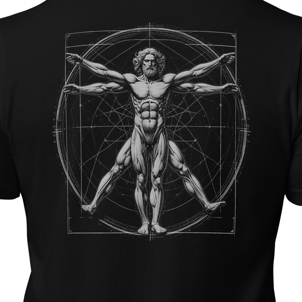 Close up of back view of Black short sleeve unisex fit original cotton T-Shirt by Achilles Tactical Clothing Brand printed with Large Vitruvian man design across back