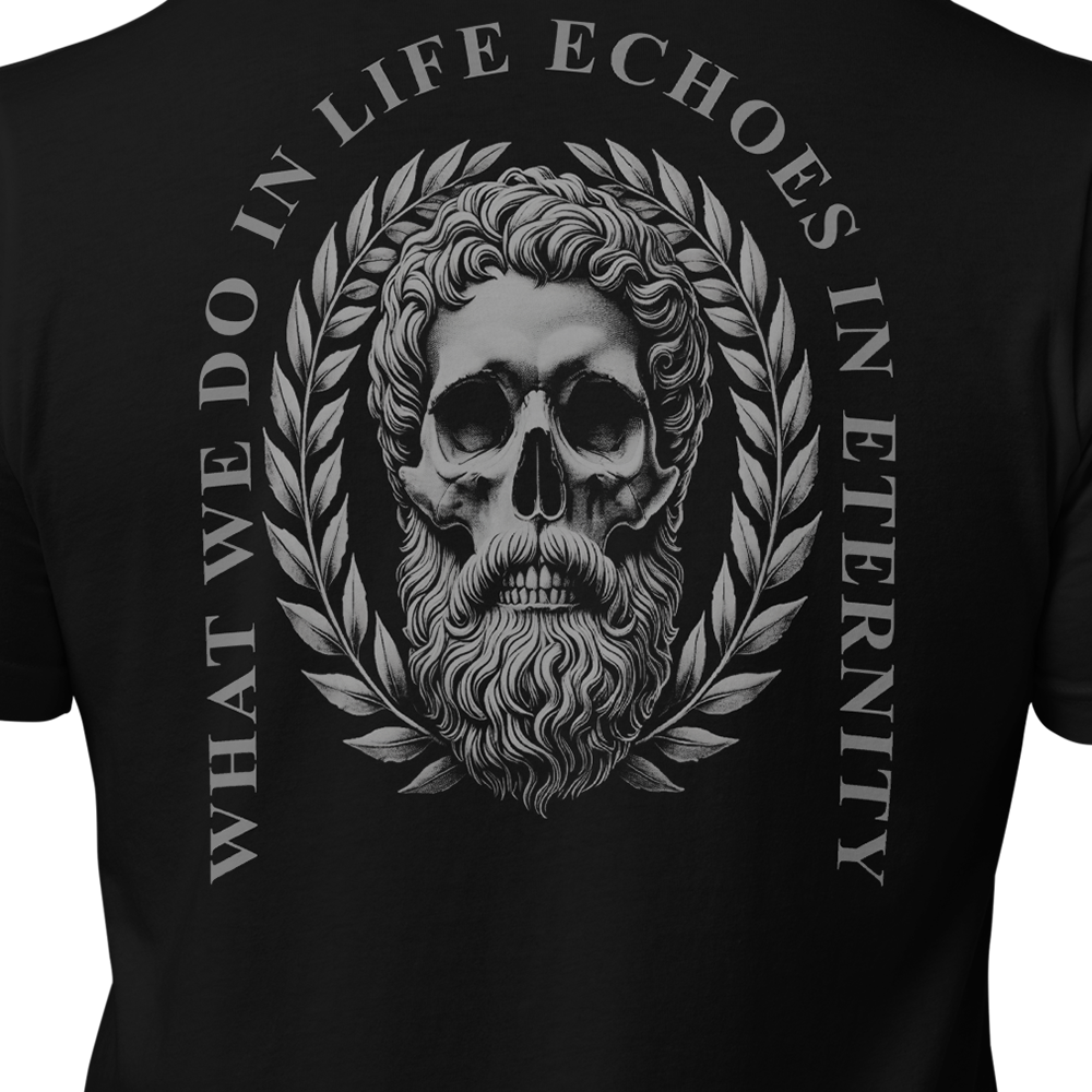 Close up of back view of Black short sleeve unisex fit original cotton T-Shirt by Achilles Tactical Clothing Brand printed with Large What we do in life design across back