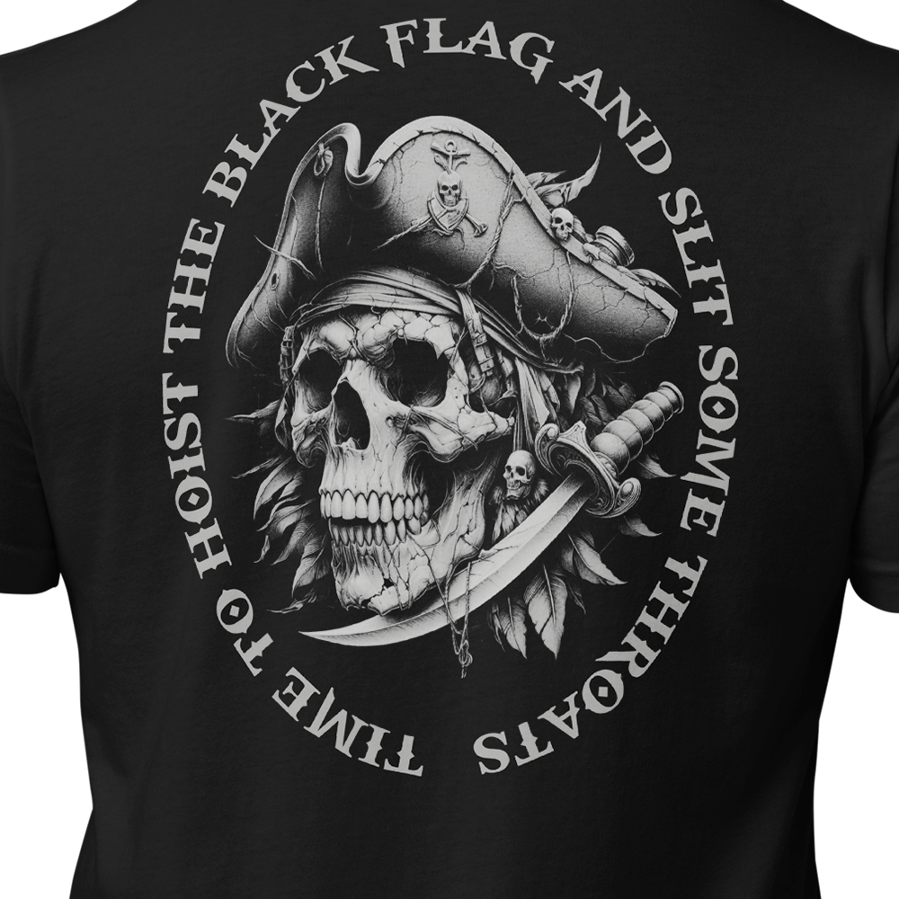 Close up of back view of Black short sleeve unisex fit original cotton T-Shirt by Achilles Tactical Clothing Brand printed with Large Hoist the black flag design across back