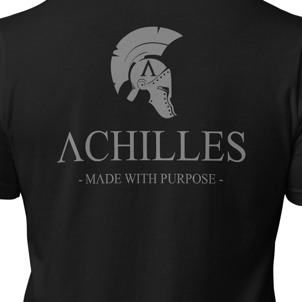 Close up back view of Black short sleeve unisex fit original cotton T-Shirt by Achilles Tactical Clothing Brand printed with Wolf Grey Large Signature logo across back