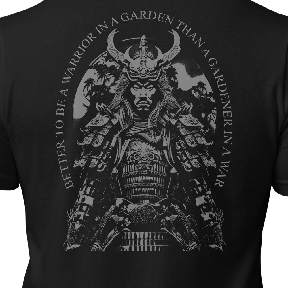 Close up of back view of Black short sleeve unisex fit original cotton T-Shirt by Achilles Tactical Clothing Brand printed with Wolf Grey Warrior in a Garden Design across back