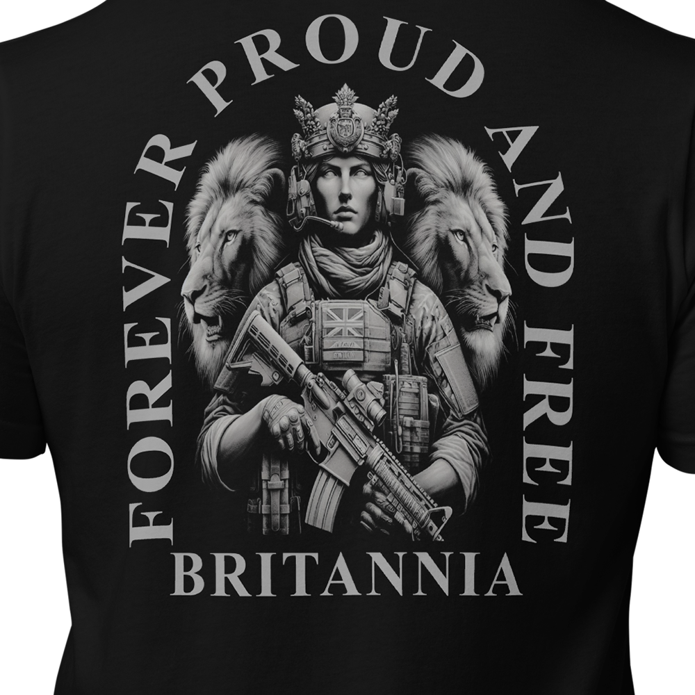 Close up of back view of Black short sleeve unisex fit original cotton T-Shirt by Achilles Tactical Clothing Brand printed with proud and free Britannia design across back