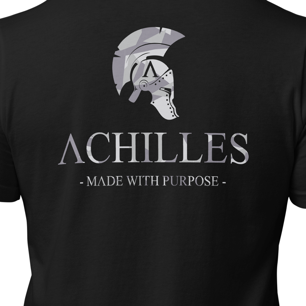 Close up back view of Black short sleeve unisex fit original cotton T-Shirt by Achilles Tactical Clothing Brand printed with Geo grey Cam Large Signature logo across back