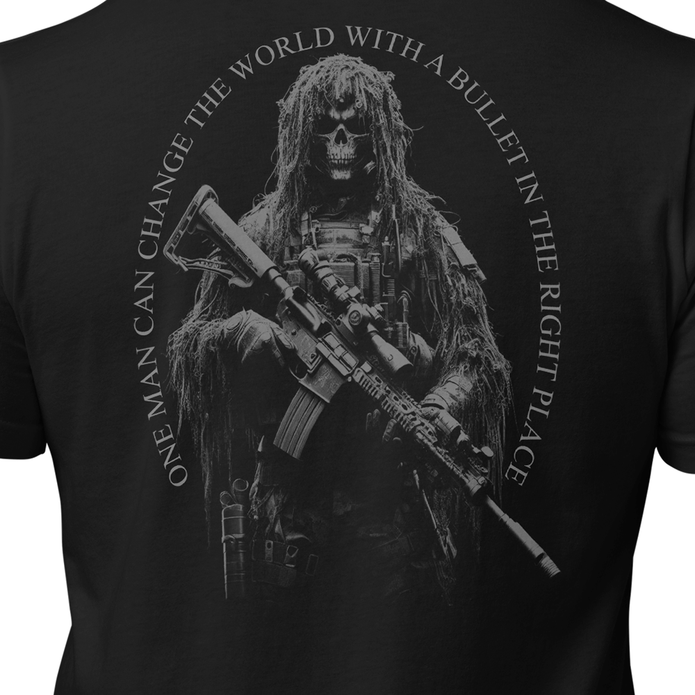 Close up of back centre view of Black short sleeve unisex fit original cotton T-Shirt by Achilles Tactical Clothing Brand printed with Sniper quote Design across back