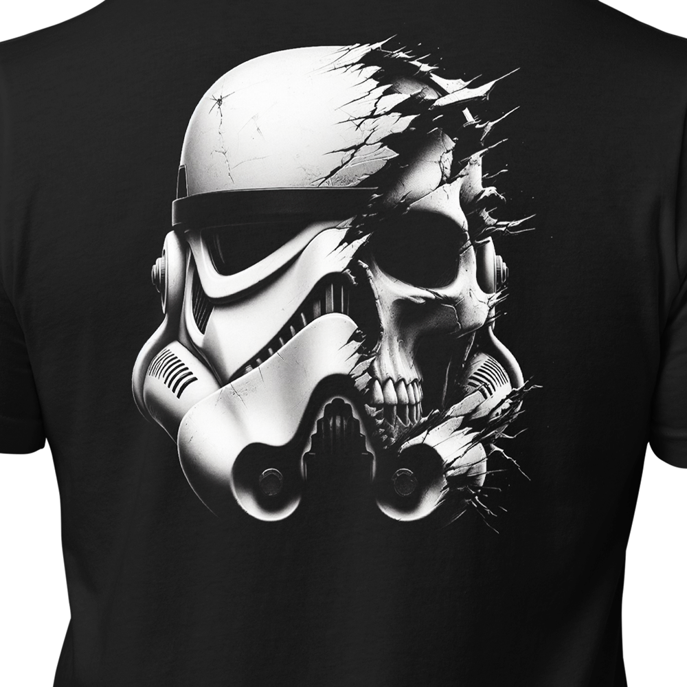 Close up of back centre of back view of Black short sleeve unisex fit original cotton T-Shirt by Achilles Tactical Clothing Brand printed with Wolf Grey Large Stormtrooper helmet design across back