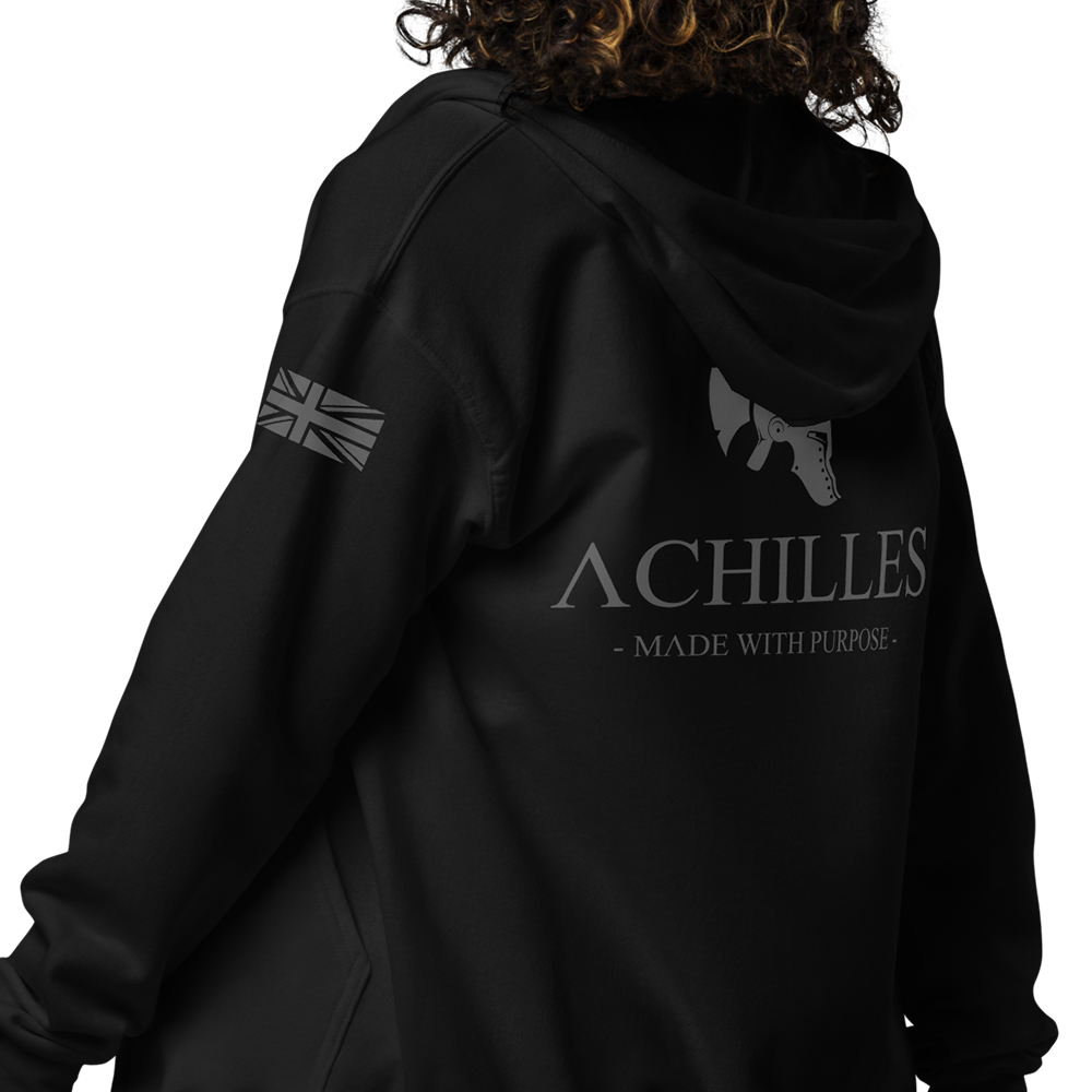 Close up of Back view of man wearing Black unisex fit zipper hoodie by Achilles Tactical Clothing Brand with Wolf Grey Signature Design across back