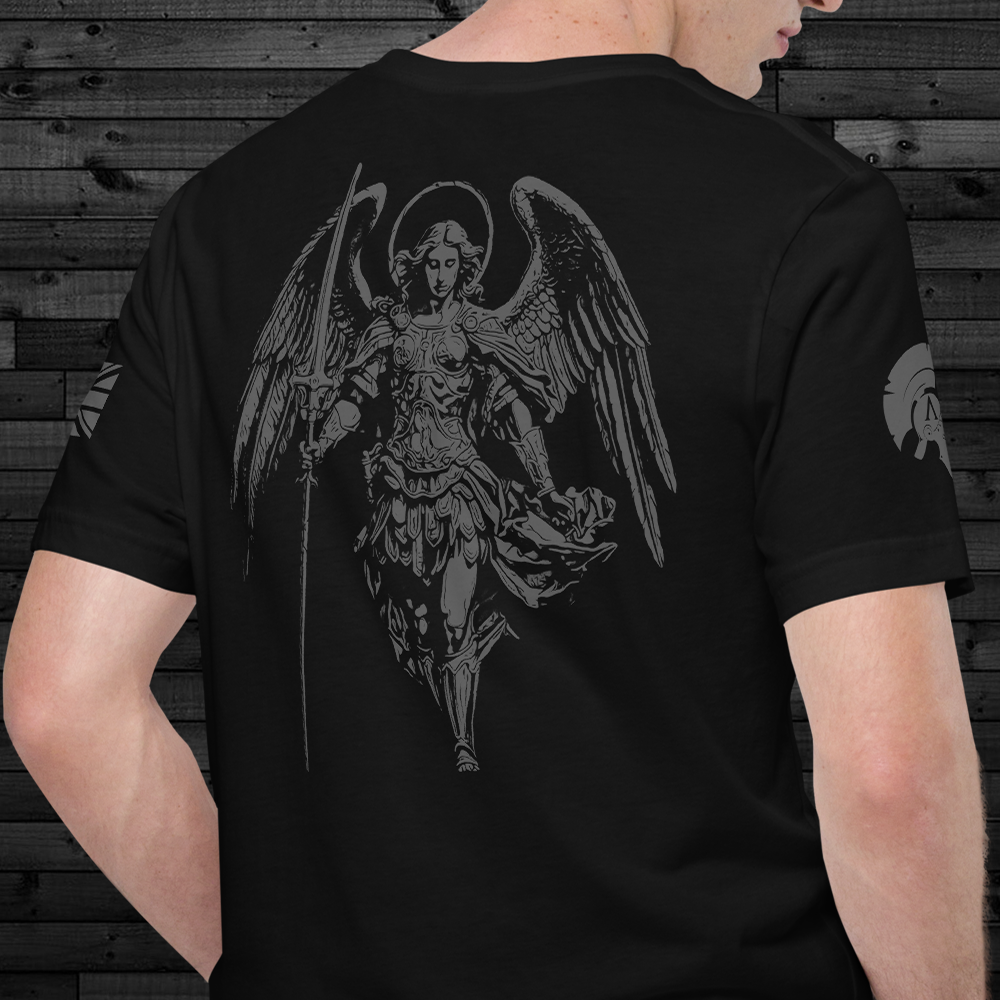Close up of back of man wearing black cotton Achilles Tactical Clothing Brand short sleeve unisex T-Shirt with Saint Michael design printed on back in Wolf Grey