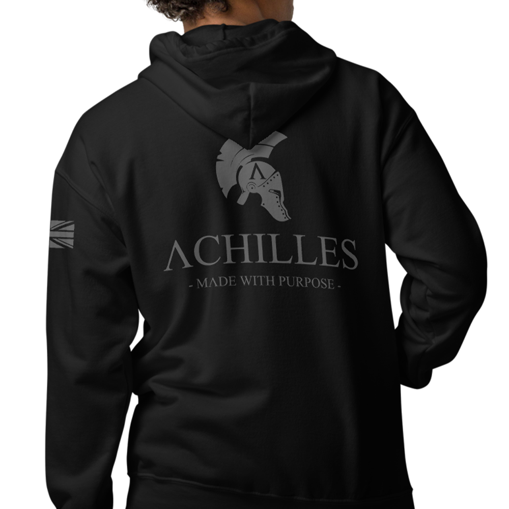 Close up of Back view of woman wearing Black unisex fit zipper hoodie by Achilles Tactical Clothing Brand with Wolf Grey Signature Design across back