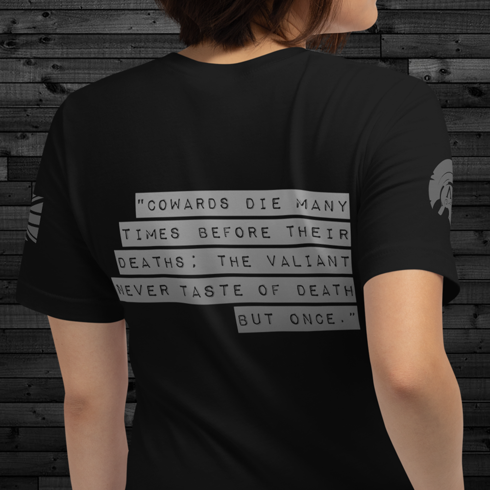 Close up of back of woman wearing black cotton Achilles Tactical Clothing Brand t-shirt with wolf grey Valiant wording printed across back