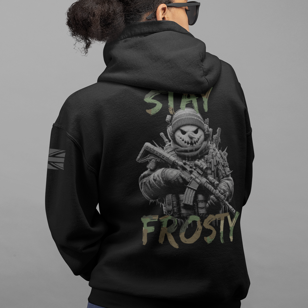 Close up of back of woman wearing Black unisex fit Pullover Hoodie by Achilles Tactical Clothing Brand printed with Large Stay Frosty design across back