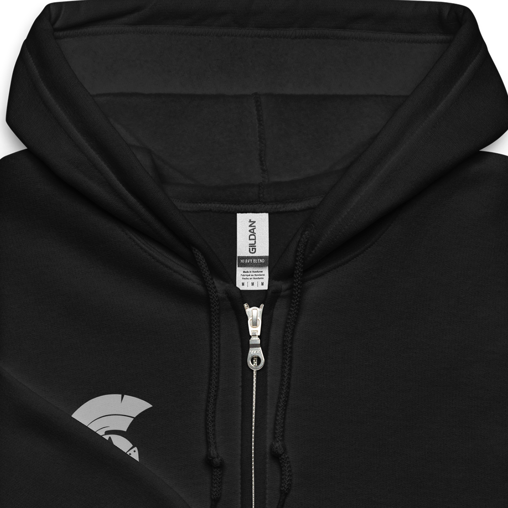 Close up of Front of Black unisex fit zipper hoodie by Achilles Tactical Clothing Brand with Wolf grey Printed Helmet logo on right chest
