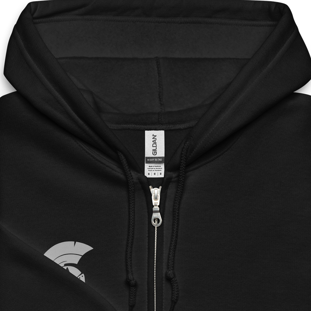 Close up hood view of Black unisex fit zipper hoodie by Achilles Tactical Clothing Brand with Grey Bolt-Actions Design across back