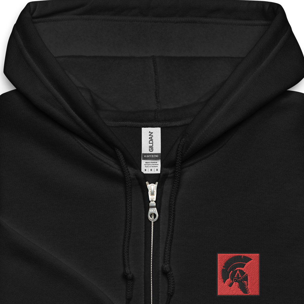 Close up of Front of Black unisex fit zipper hoodie by Achilles Tactical Clothing Brand with State red square achilles helmet logo on left chest