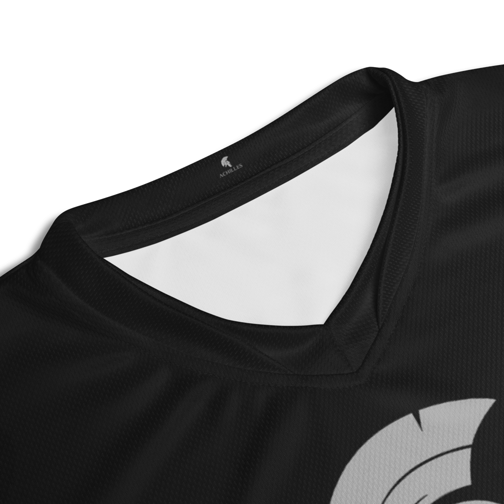 Close up of collar of black Achilles Tactical Clothing Brand Performance jersey Signature design in grey