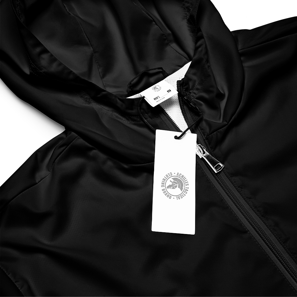 Close up of collar of B;acl Achilles Tactical Clothing Brand Windbreaker track jacket with brand label