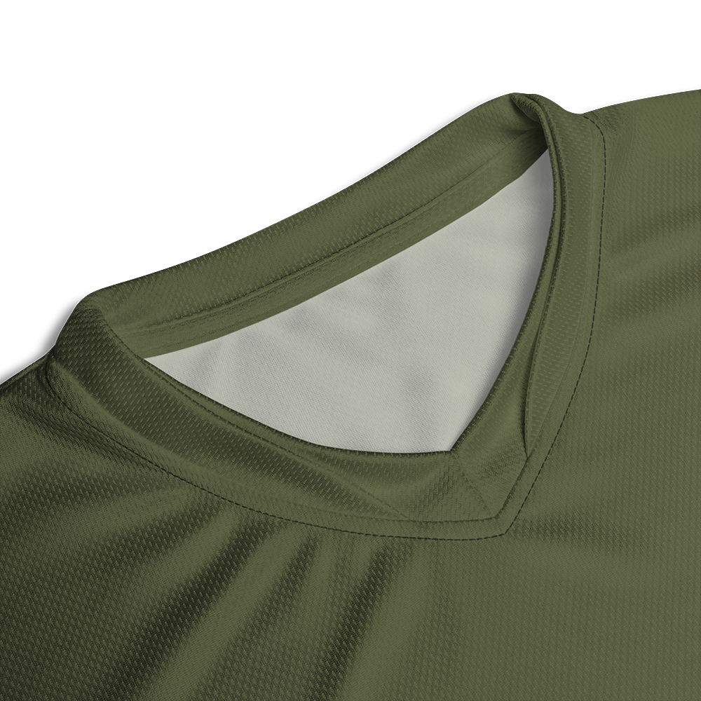 Close up of collar of Olive short sleeve unisex fit Performance Jersey by Achilles Tactical Clothing Brand