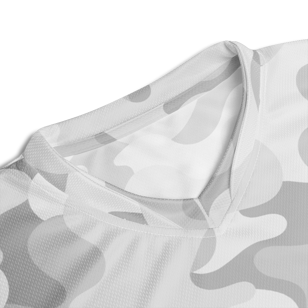 Close up of collar of arctic camo short sleeve unisex fit Performance Jersey by Achilles Tactical Clothing Brand