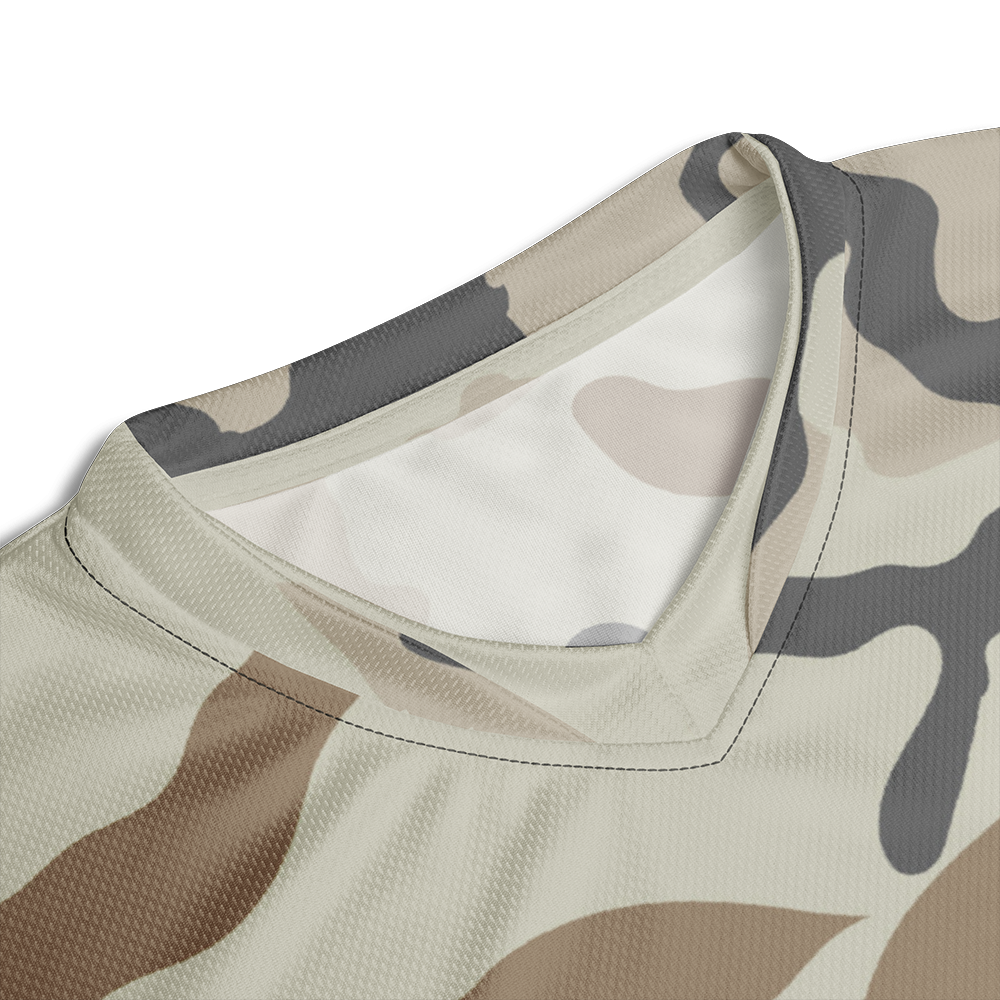 Close upon front collar of desert storm camo short sleeve unisex fit Performance Jersey by Achilles Tactical Clothing Brand