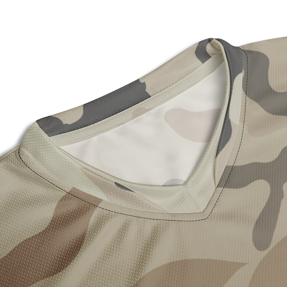 Close up of collar of desert storm camo fade short sleeve unisex fit Performance Jersey by Achilles Tactical Clothing Brand