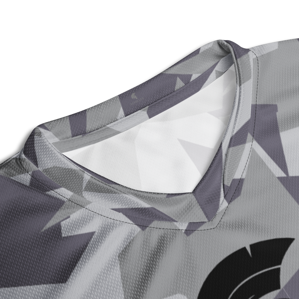 Close Up Of Collar view of Geo Grey Cam short sleeve unisex fit Performance Jersey by Achilles Tactical Clothing Brand printed with Black Signature design