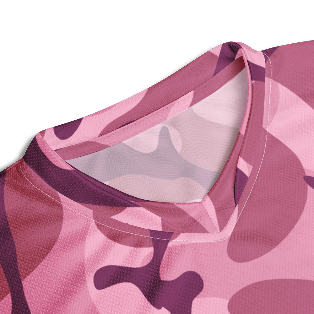 Close up of collar of pink mist camo short sleeve unisex fit Performance Jersey by Achilles Tactical Clothing Brand