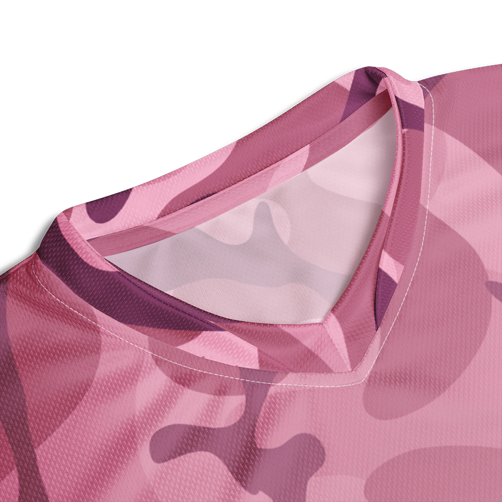 Close up of collar of pink mist camo-fade short sleeve unisex fit Performance Jersey by Achilles Tactical Clothing Brand