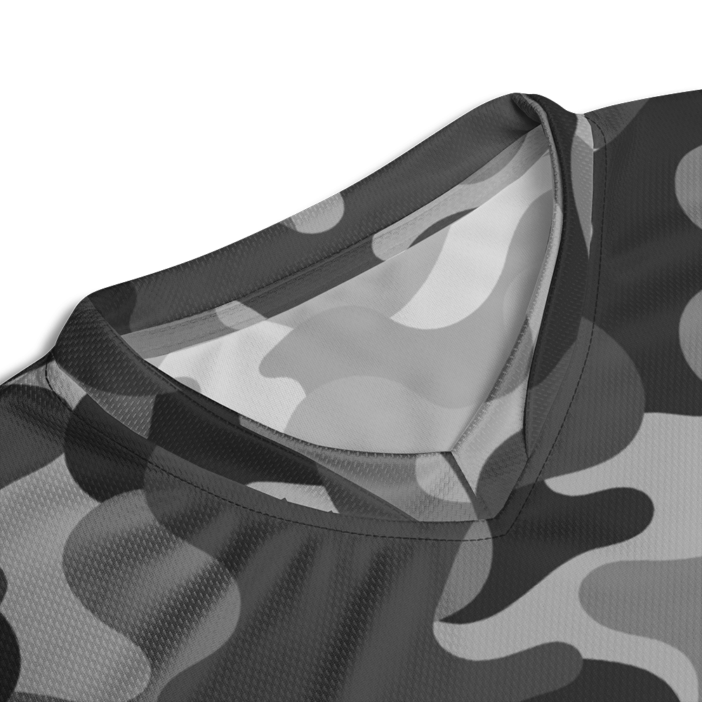 close up collar of shadow camo short sleeve unisex fit Performance Jersey by Achilles Tactical Clothing Brand