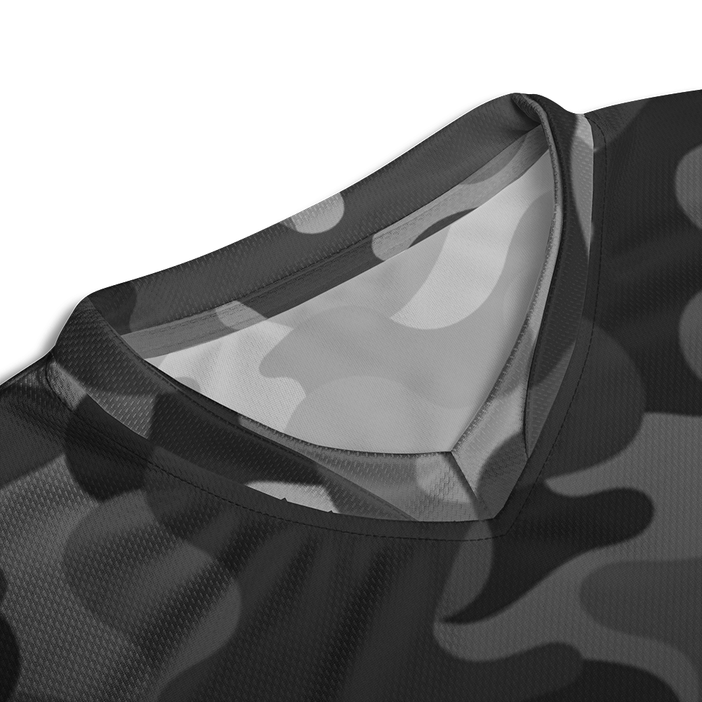 Close up of collar of shadow camo-fade short sleeve unisex fit Performance Jersey by Achilles Tactical Clothing Brand