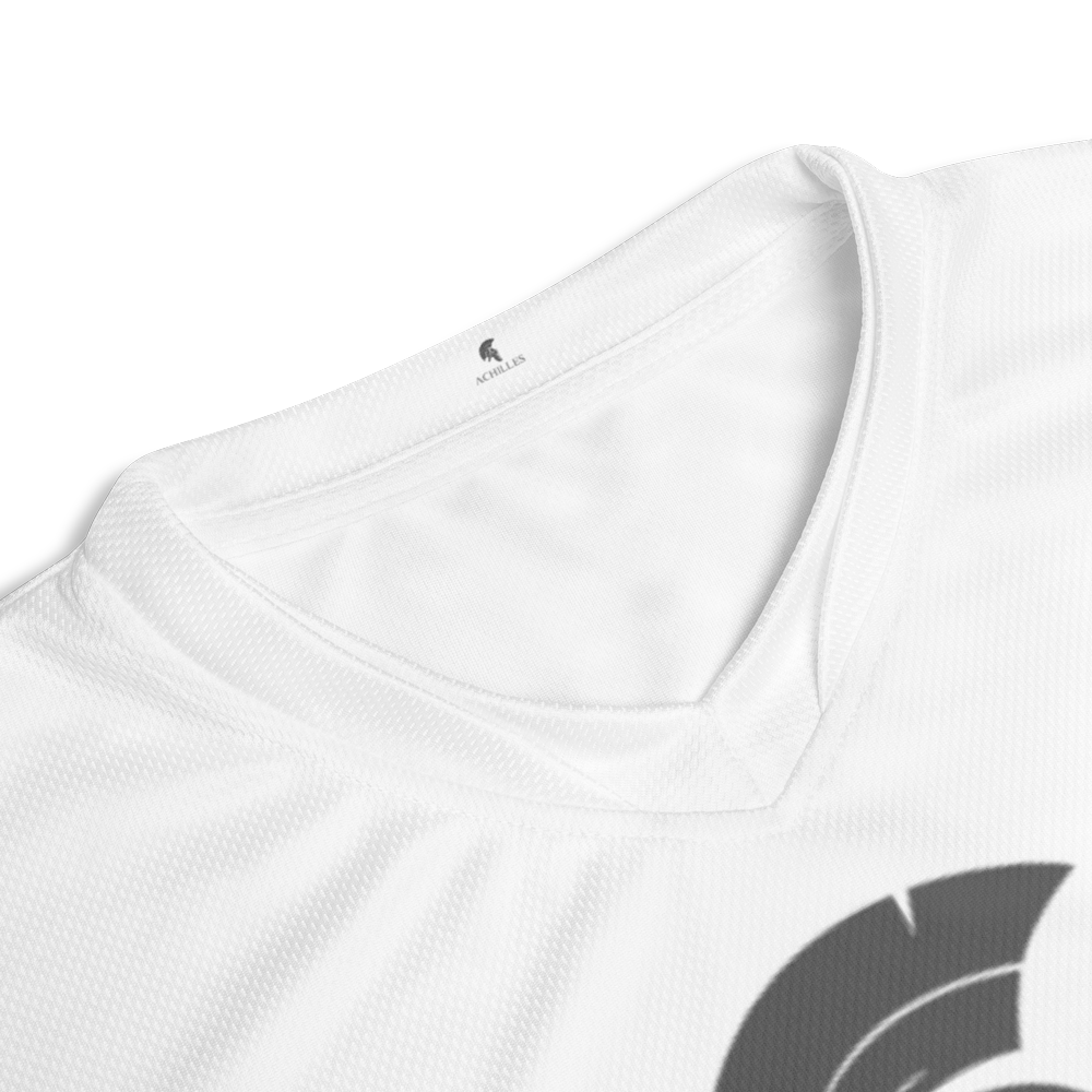 Close up of collar of white Achilles Tactical Clothing Brand Performance jersey Signature design in grey