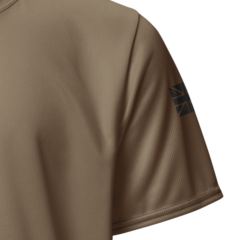 Close up of desert storm left sleeve unisex fit Performance Jersey by Achilles Tactical Clothing Brand