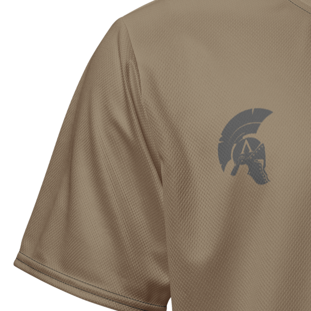 Close up of desert storm right sleeve unisex fit Performance Jersey by Achilles Tactical Clothing Brand