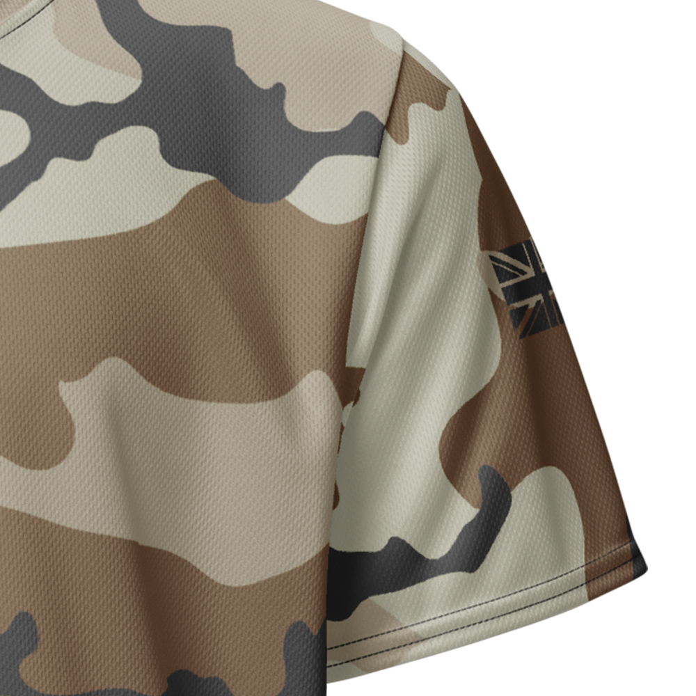 Close up of desert storm camo left sleeve unisex fit Performance Jersey by Achilles Tactical Clothing Brand