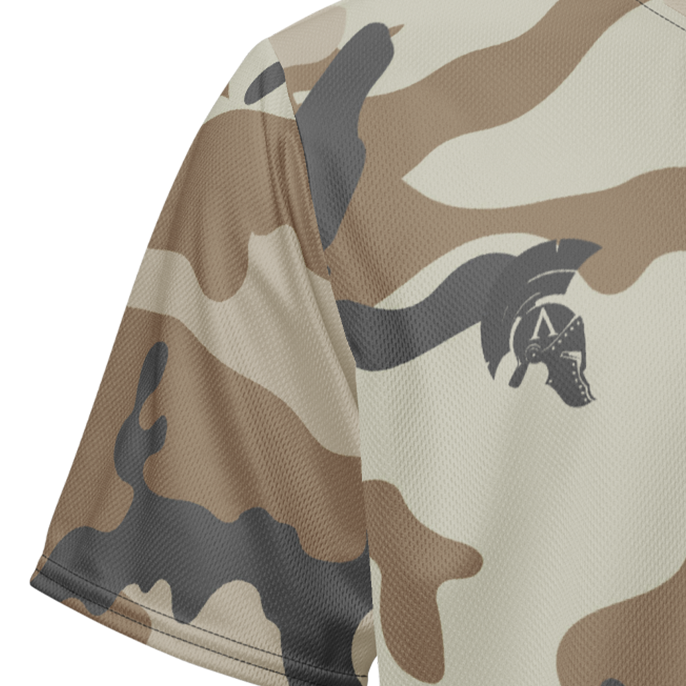 Close up of desert storm camo right sleeve unisex fit Performance Jersey by Achilles Tactical Clothing Brand