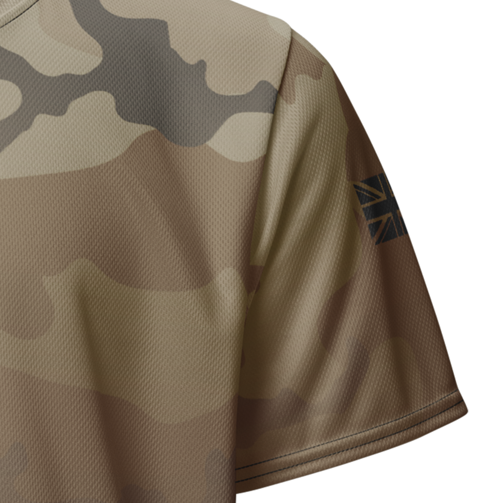 Close up of desert storm camo fade left sleeve unisex fit Performance Jersey by Achilles Tactical Clothing Brand