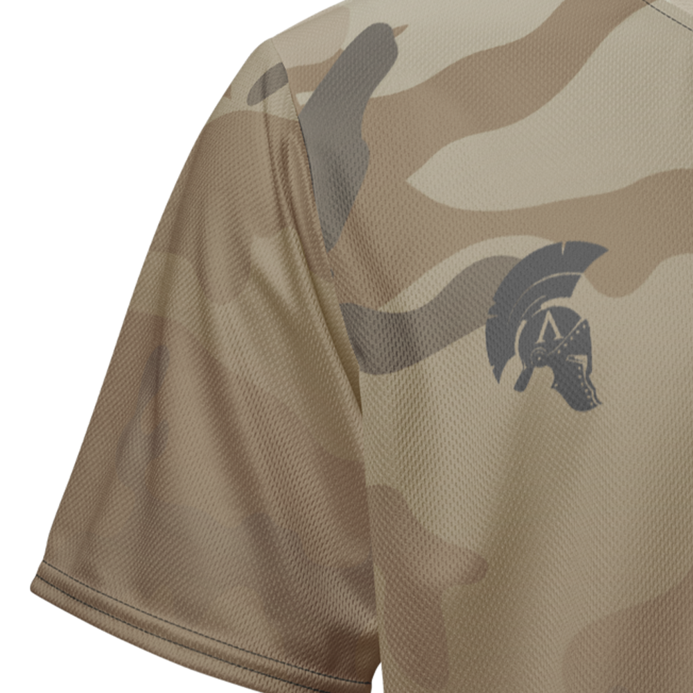 Close up of desert storm camo fade right sleeve unisex fit Performance Jersey by Achilles Tactical Clothing Brand