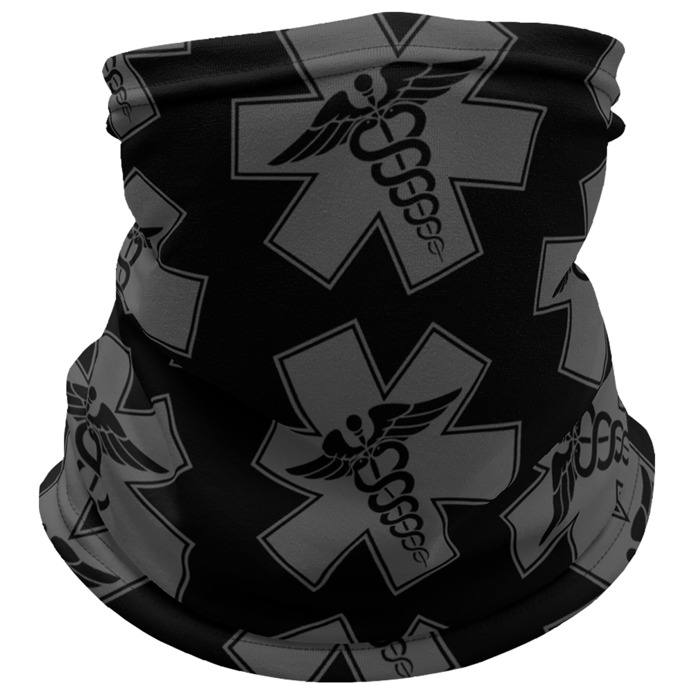 Front View of black Achilles Tactical Clothing Brand head face and neck tube printed with wolf grey repeating Tac Medic Logo design