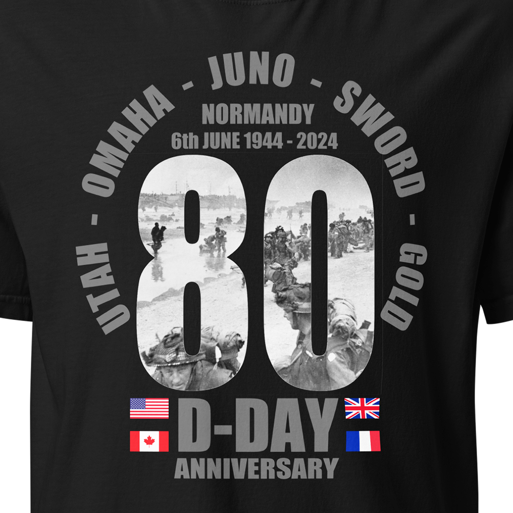 Close Up View of Black short sleeve classic cotton unisex fit T-Shirt by Achilles Tactical Clothing Brand with screen printed D-Day design on front