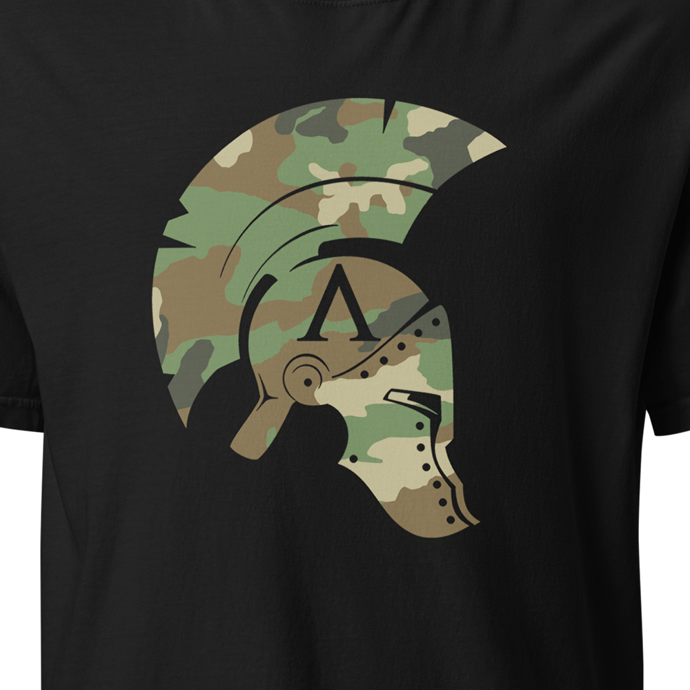 Close Up View of Black short sleeve classic cotton unisex fit T-Shirt by Achilles Tactical Clothing Brand with screen printed Icon DPM Camo design on front