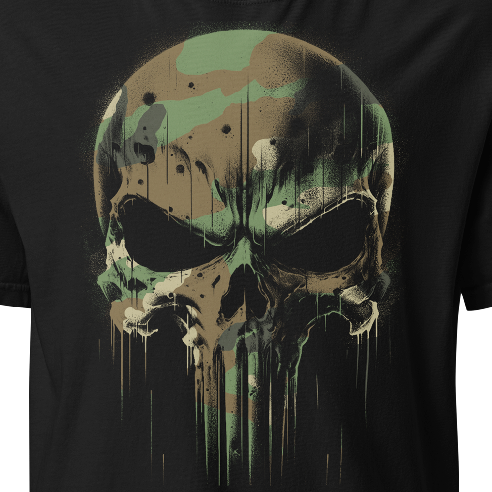 Close Up View of Black short sleeve classic cotton unisex fit T-Shirt by Achilles Tactical Clothing Brand with screen printed Skull DPM Camo design on front