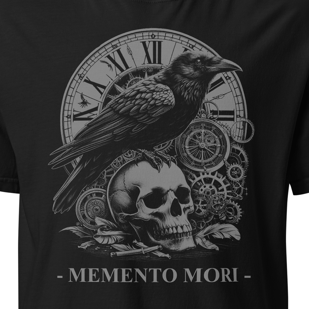 Close up Front centre chest of Black short sleeve classic cotton unisex fit T-Shirt by Achilles Tactical Clothing Brand with screen printed Memento Mori design on front