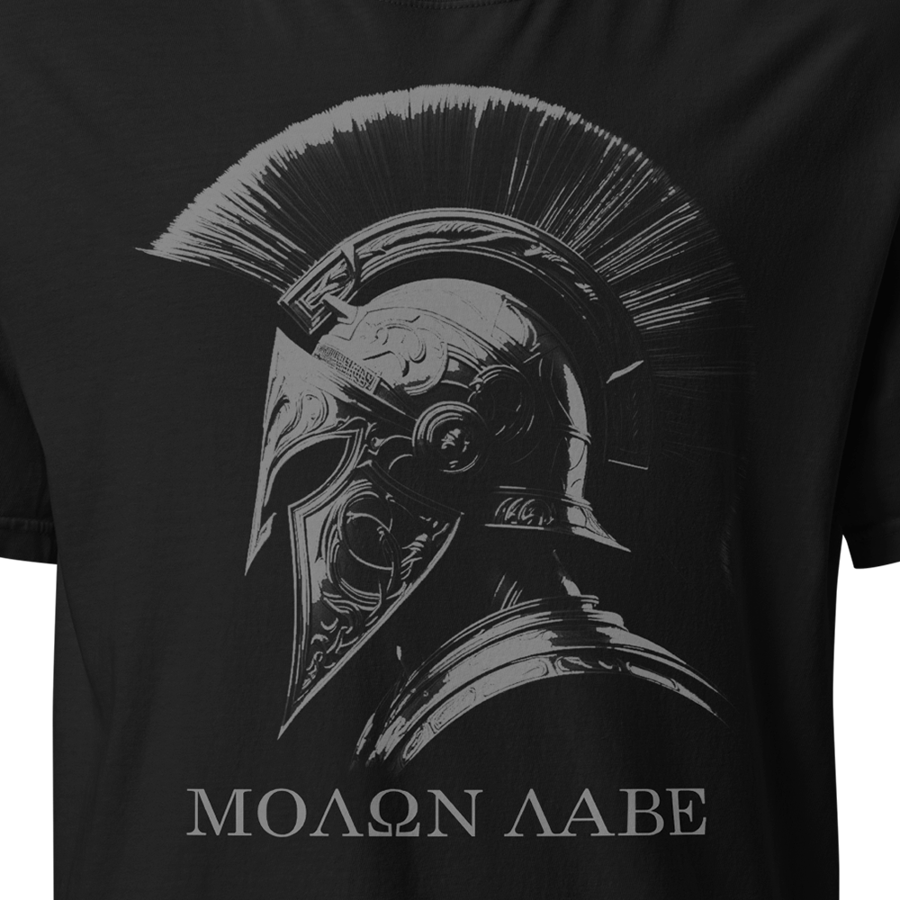 Close up of Front centre chest of Black short sleeve classic cotton unisex fit T-Shirt by Achilles Tactical Clothing Brand with screen printed Molon Labe design on front
