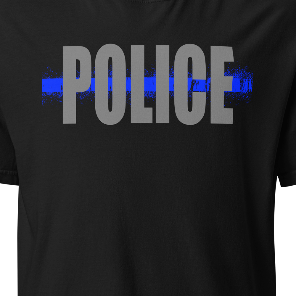 Close Up View of Black short sleeve classic cotton unisex fit T-Shirt by Achilles Tactical Clothing Brand with screen printed Police Thin Blue Line design on front