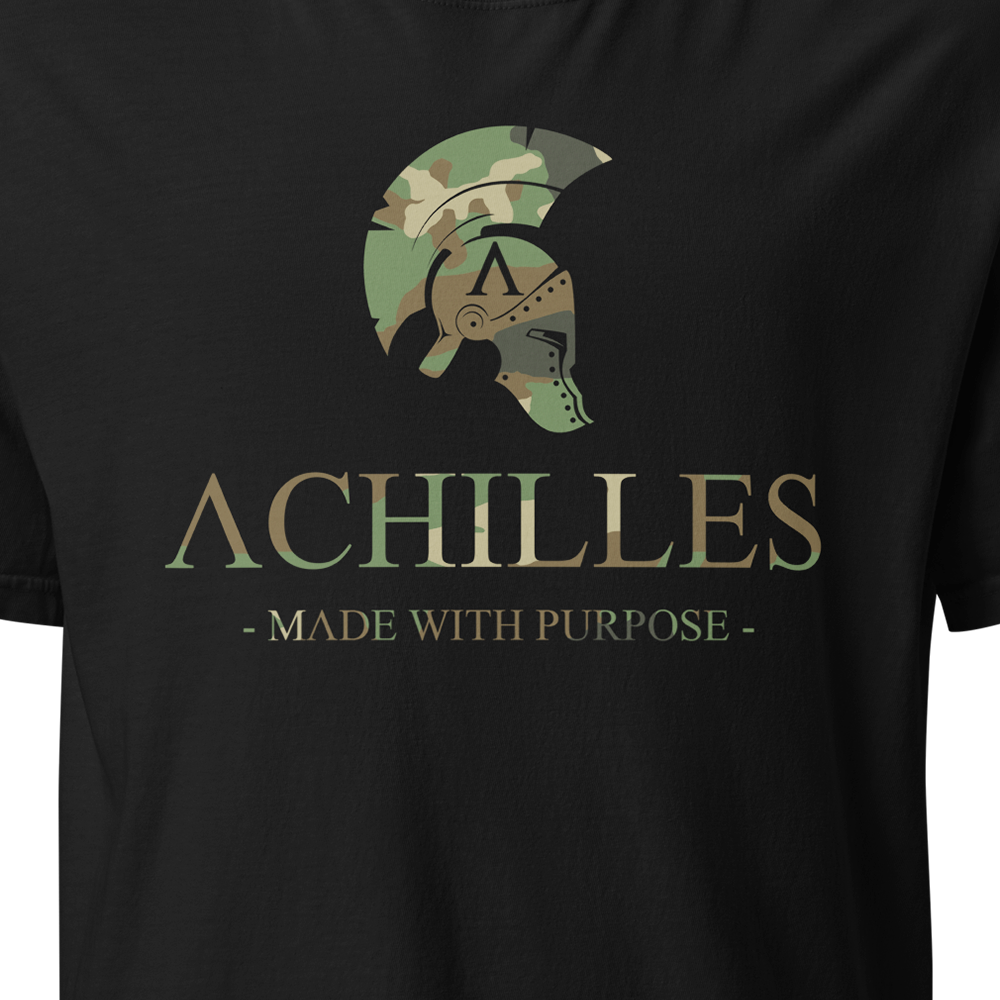 Close Up View of Black short sleeve classic cotton unisex fit T-Shirt by Achilles Tactical Clothing Brand with screen printed Signature DPM Camo design on front