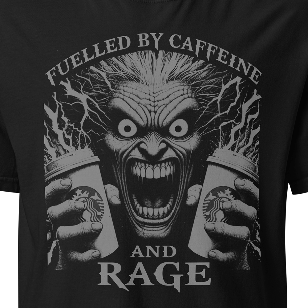 Close up of Front centre chest of Black short sleeve classic cotton unisex fit T-Shirt by Achilles Tactical Clothing Brand with screen printed Caffeine and Rage design on front